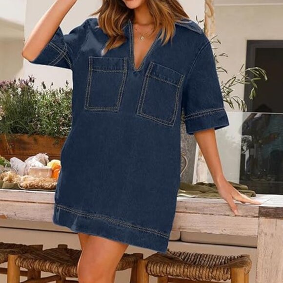 Summer Casual Blue Denim Mini Dress or Tunic Top - Picture 1 of 8